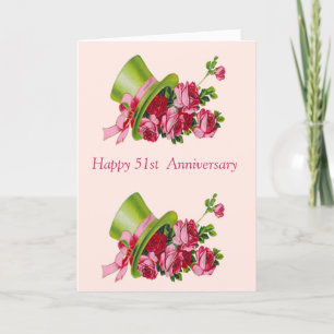Carte Top chapeau et fleurs, Joyeux 51e anniversaire