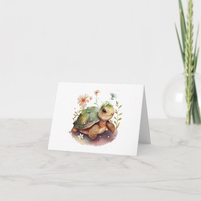 Carte Tortue Bébé mignonne avec Fleurs BLANC (Devant)