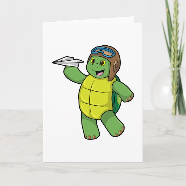 Carte Tortue comme pilote avec avion en papier (Devant)