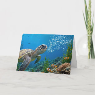 Carte Tortue de mer avec bulles de joyeux anniversaire