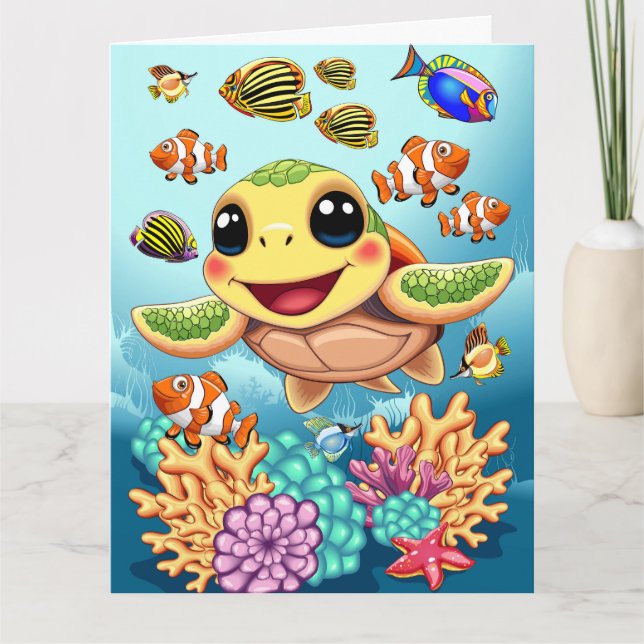 Carte Tortue de mer Bébé heureux et mignonne personnage (Devant)