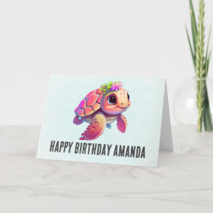 Carte Tortue de mer rose Whimsical & mignon Anniversaire