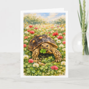 Carte Tortue Joyeux Anniversaire Aquarelle avec trèfle p