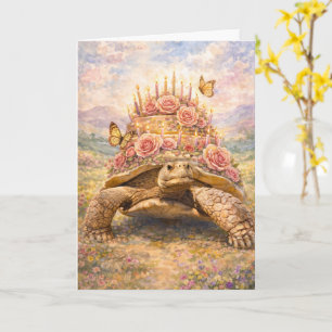 Carte Tortue Sulcata Roses d'anniversaire et papillons