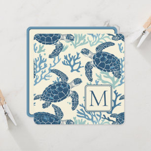 Carte Tortues de mer bleu et crème Monogramme