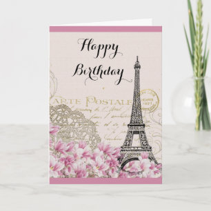 Carte Tour Eiffel vintage avec fleurs roses Joyeux Anniv