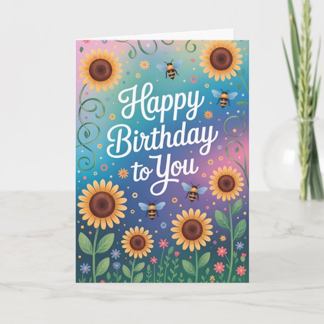 Carte Tournesol coloré et abeille Joyeux anniversaire (Devant)