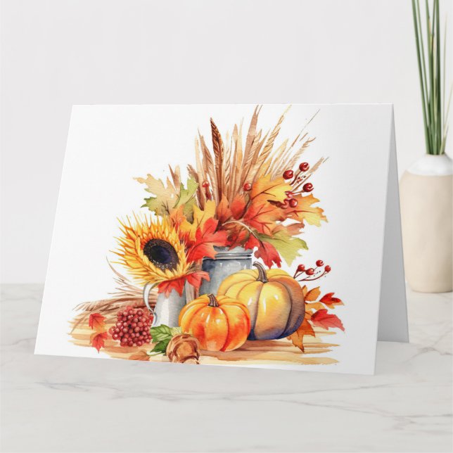 Carte Tournesol d'automne à l'aquarelle & citrouilles (Devant)