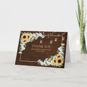 Carte Tournesol en bois rustique Dusty Merci Floral bleu