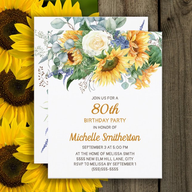 Carte Tournesol Eucalyptus Floral 80e anniversaire (Sunflowers and eucalyptus 80th birthday party invitation)