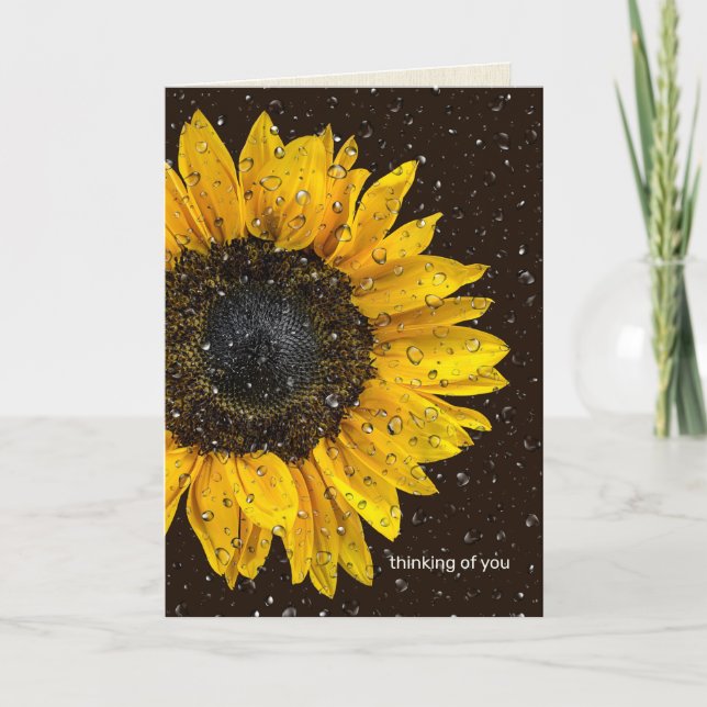 Carte tournesol jaune avec des gouttes de pluie pensant  (Devant)