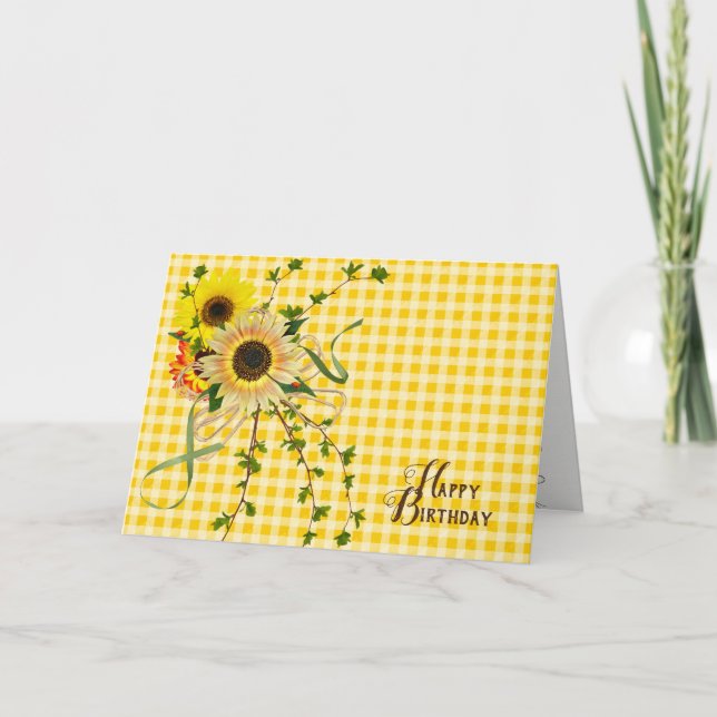Carte Tournesols de joyeux anniversaire sur le guingan (Devant)