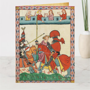 CARTE TOURNOI MÉDIÉVAL, CHEVALIERS À CHEVAL ET DAMES