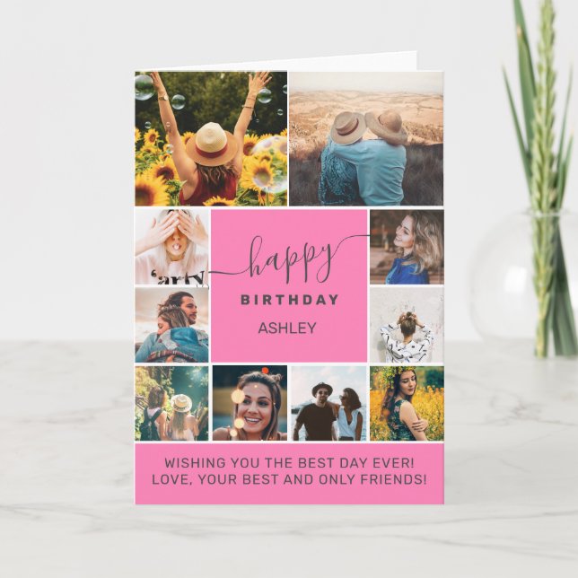 Carte Tout âge rose simple anniversaire 10 photo collage (Devant)