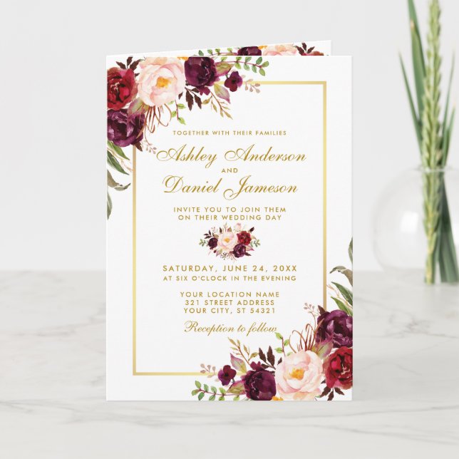 Carte Tout en une Bourgogne Floral Mariage Gold Invitati (Devant)