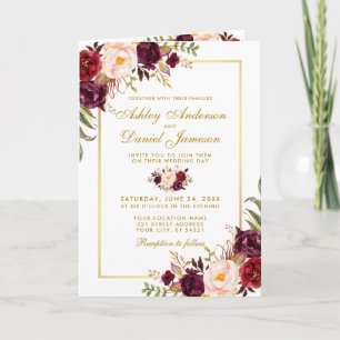 Carte Tout en une Bourgogne Floral Mariage Gold Invitati