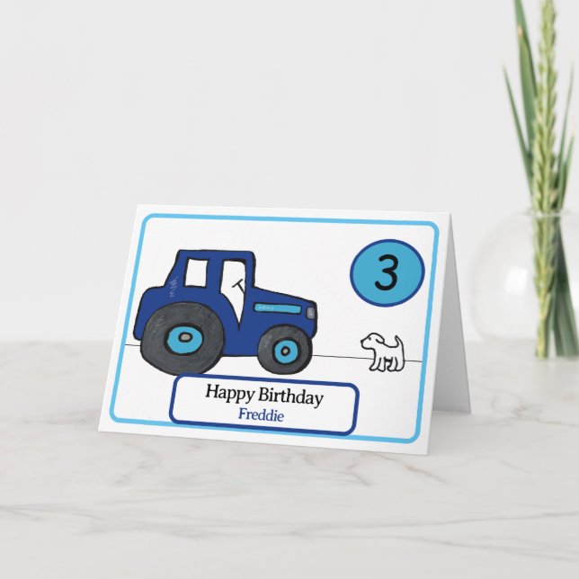 Carte tracteur bleu & chien 3e anniversaire (Devant)