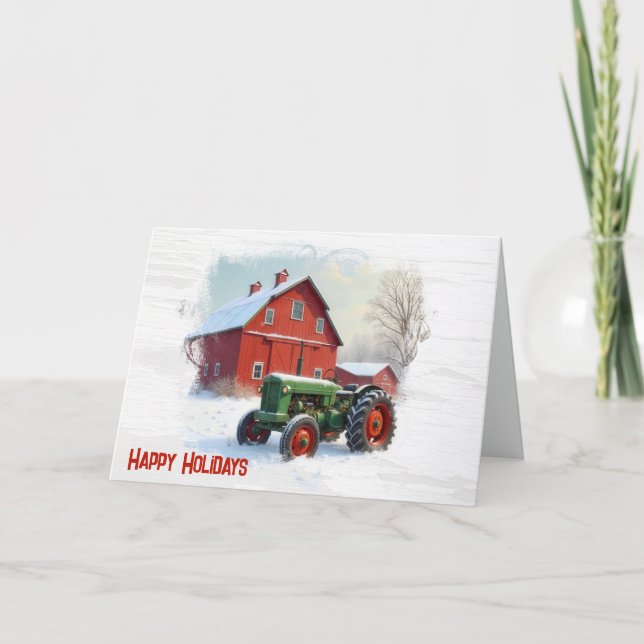 Carte Tracteur de la ferme verte de Noël et grange rouge (Devant)