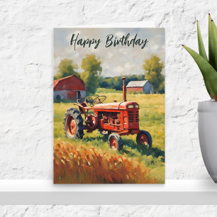 Carte Tracteur rouge vintage rustique Joyeux Anniversair