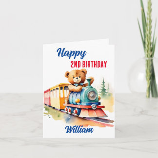 Carte Train d'anniversaire mignon ours en peluche en tra