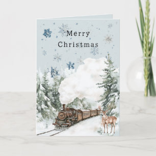 Carte Train de cerfs de Noël aux flocons de neige bleus
