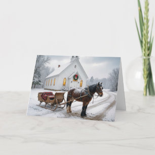 Carte Traîneau à cheval de Noël attendant près d'une cha