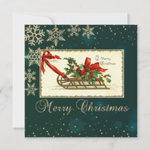 Carte Traîneau de Noël vintage, flocons de neige Gui