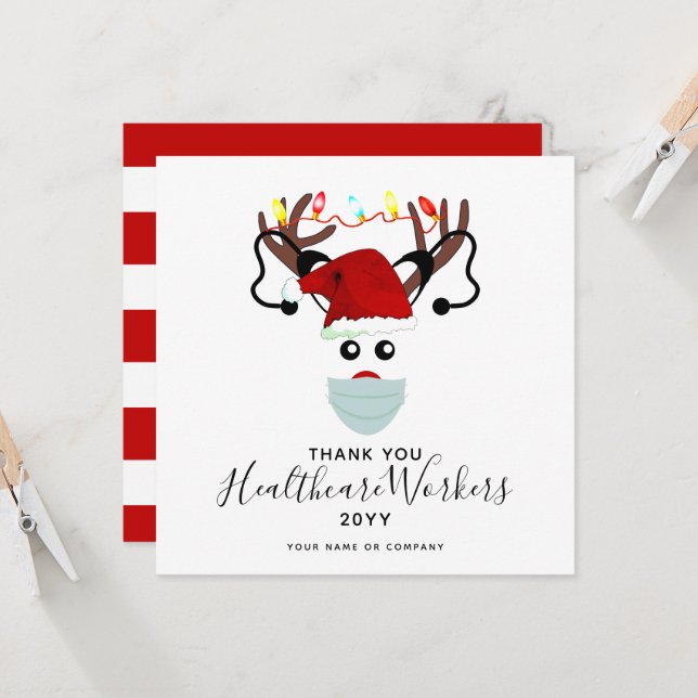 Carte Travailleurs de la santé Merci Reindeer de Noël (Devant/Arrière en situation)