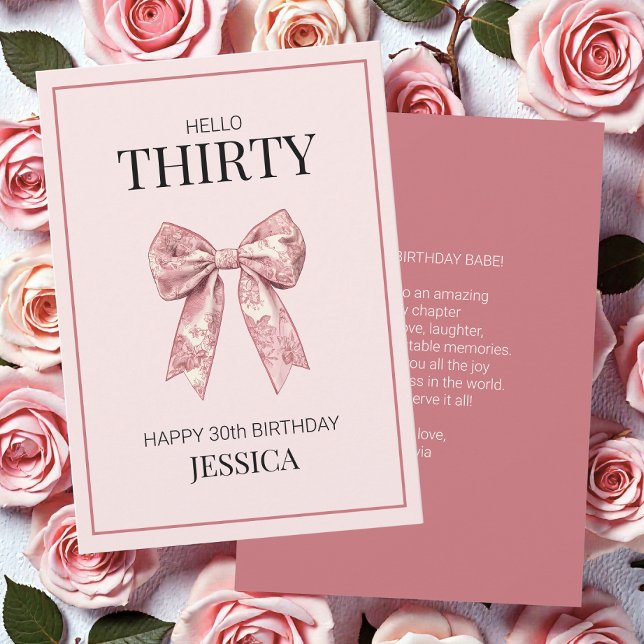 Carte Trente Elégante Bow rose moderne Joyeux 30e annive (Modern Thirty Elegant Pink Bow Happy 30th Birthday Card)