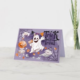 Carte Trick ou Treat. Fun Ghost, Fille Citrouille, Corbe
