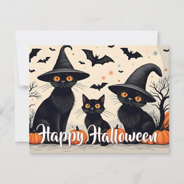 Carte Trois chats noirs avec Casquettes à l'Halloween (Devant)