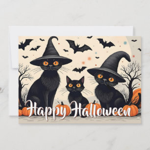 Carte Trois chats noirs avec des chapeaux pour Halloween