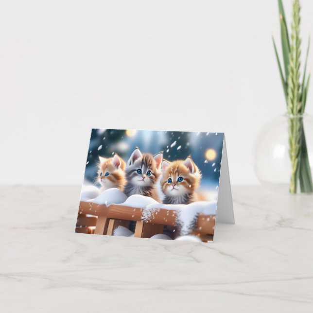 Carte Trois chats Tabby Jouer dans le noir de neige Noël (Devant)
