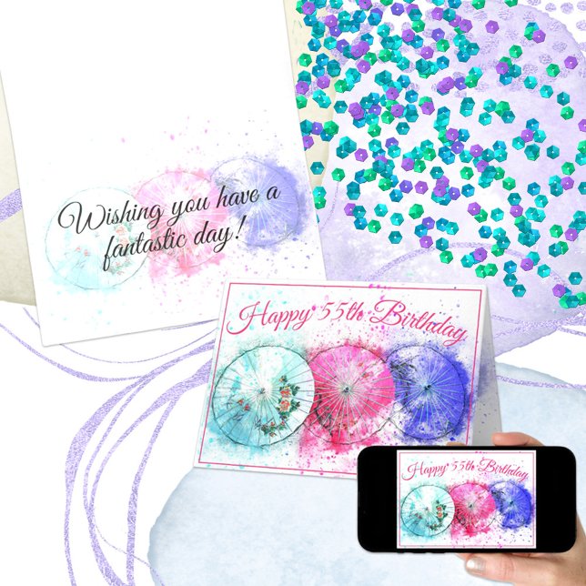 Carte Trois parapluies de cocktails tropicaux 55e annive (Send a special greeting when you personalize the text on this card design for any occasion.)
