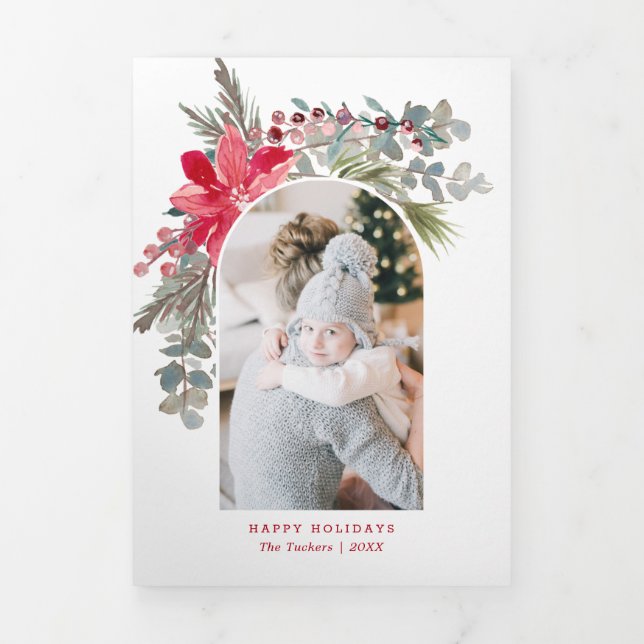 Carte Trois Volets Aquarelle de Noël Arc moderne Photo florale (Page de couverture)