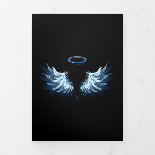 Carte Trois Volets Blue Glowing Angel Wings on black background