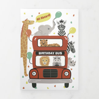 Carte Trois Volets Bus et Animaux Tri-fold Carte d'anniversaire avec
