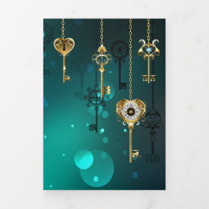 Carte Trois Volets Clés squelette antiques sur fond vert