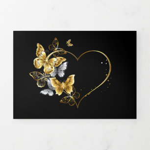 Carte Trois Volets Coeur aux papillons d'or