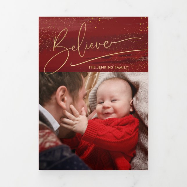 Carte Trois Volets Croire en or Calligraphie, Sparkles Photo - Rouge  (Page de couverture)