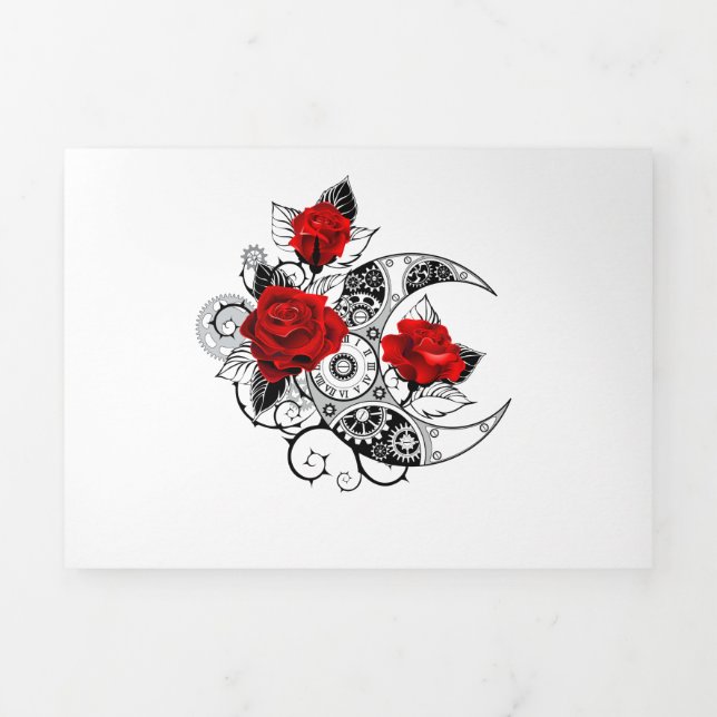Carte Trois Volets Croissant mécanique avec roses rouges (Page de couverture)