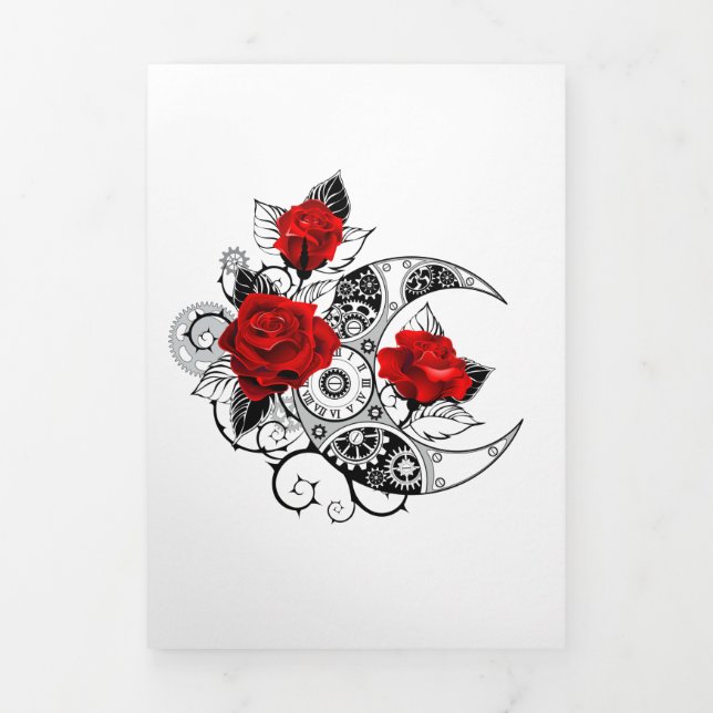 Carte Trois Volets Croissant mécanique avec roses rouges (Page de couverture)