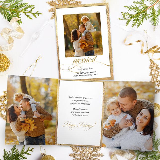 Carte Trois Volets Elegant Gold Shimmer Merriest Calligraphie & Photo (Créateur téléchargé)