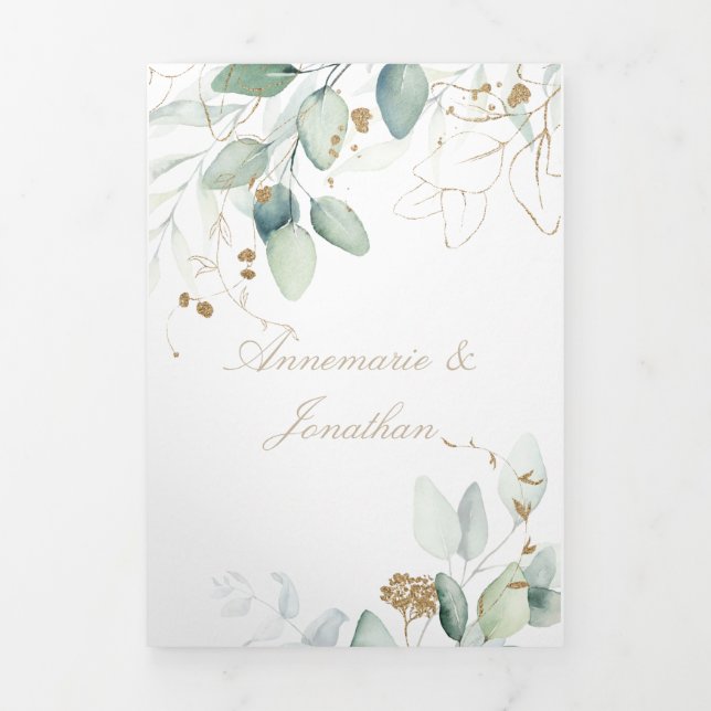 Carte Trois Volets Elégant Rustic Green & Gold Eucalyptus Mariage (Page de couverture)