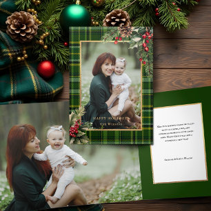 Carte Trois Volets Élégant vert / Or Plaid Holly Photo de Noël