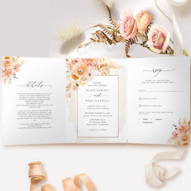 Carte Trois Volets Elégante Pêche et crème tout en un Mariage (Créateur téléchargé)