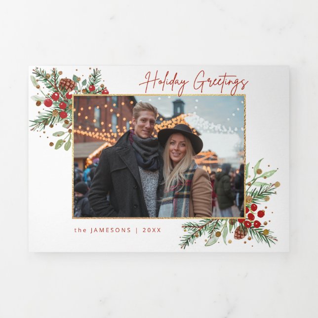 Carte Trois Volets Festif aquarelle vacances Floral avec script et ph (Page de couverture)