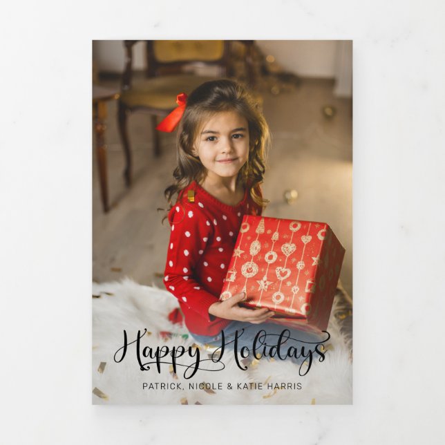 Carte Trois Volets Festive moderne Joyeux Joyeux Vacances Script Phot (Page de couverture)