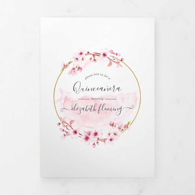 Carte Trois Volets Fleur de cerisier rose géométrique Quinceañera Pho (Page de couverture)
