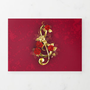 Carte Trois Volets Golden Treble Clef avec fleurs Roses